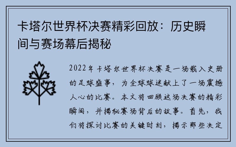 卡塔尔世界杯决赛精彩回放：历史瞬间与赛场幕后揭秘