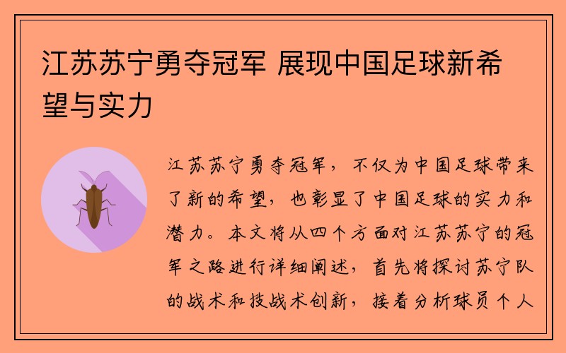 江苏苏宁勇夺冠军 展现中国足球新希望与实力