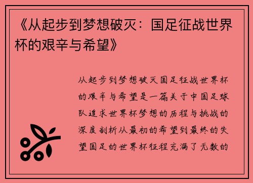 《从起步到梦想破灭：国足征战世界杯的艰辛与希望》